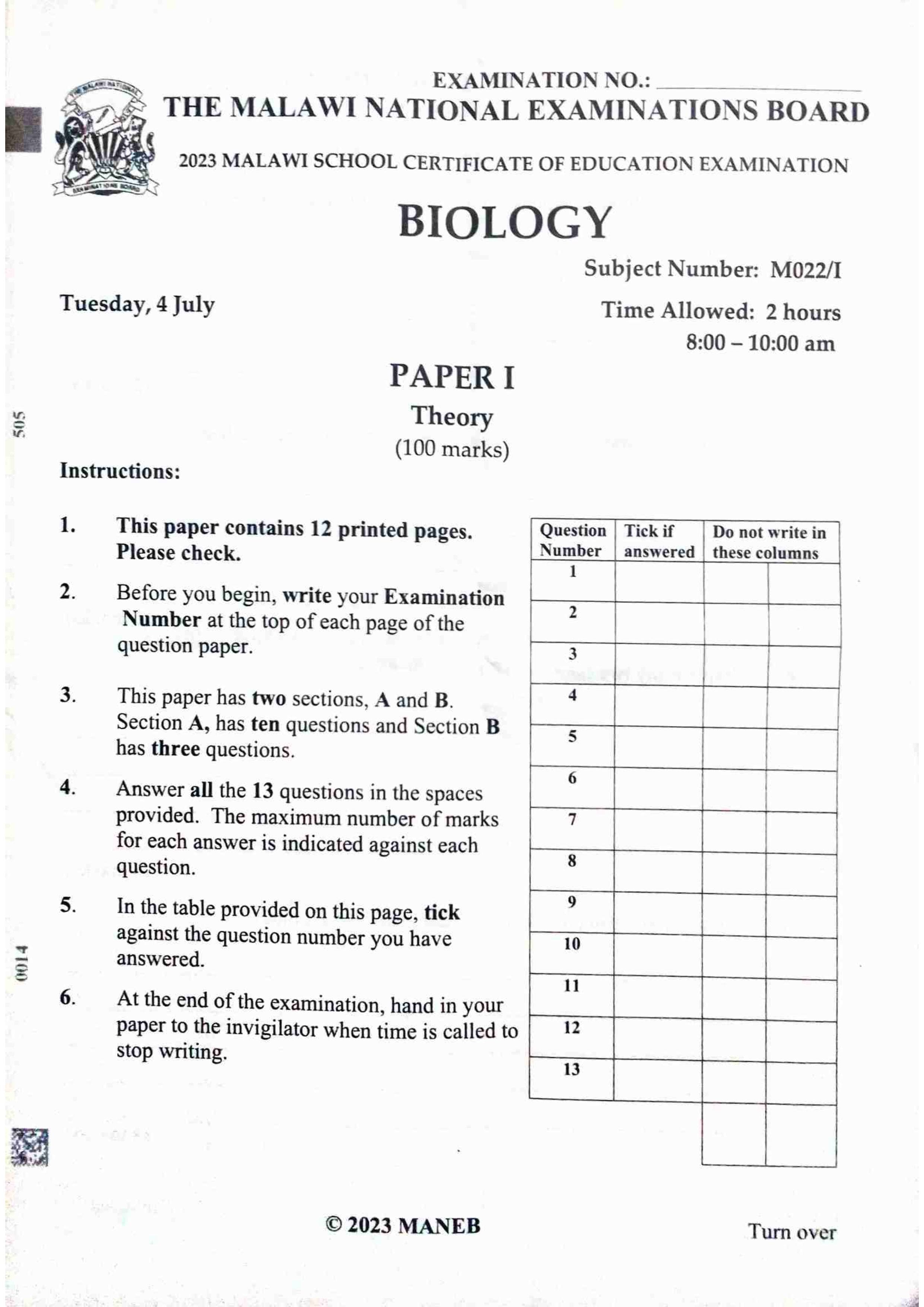 MSCE Biology past paper cover