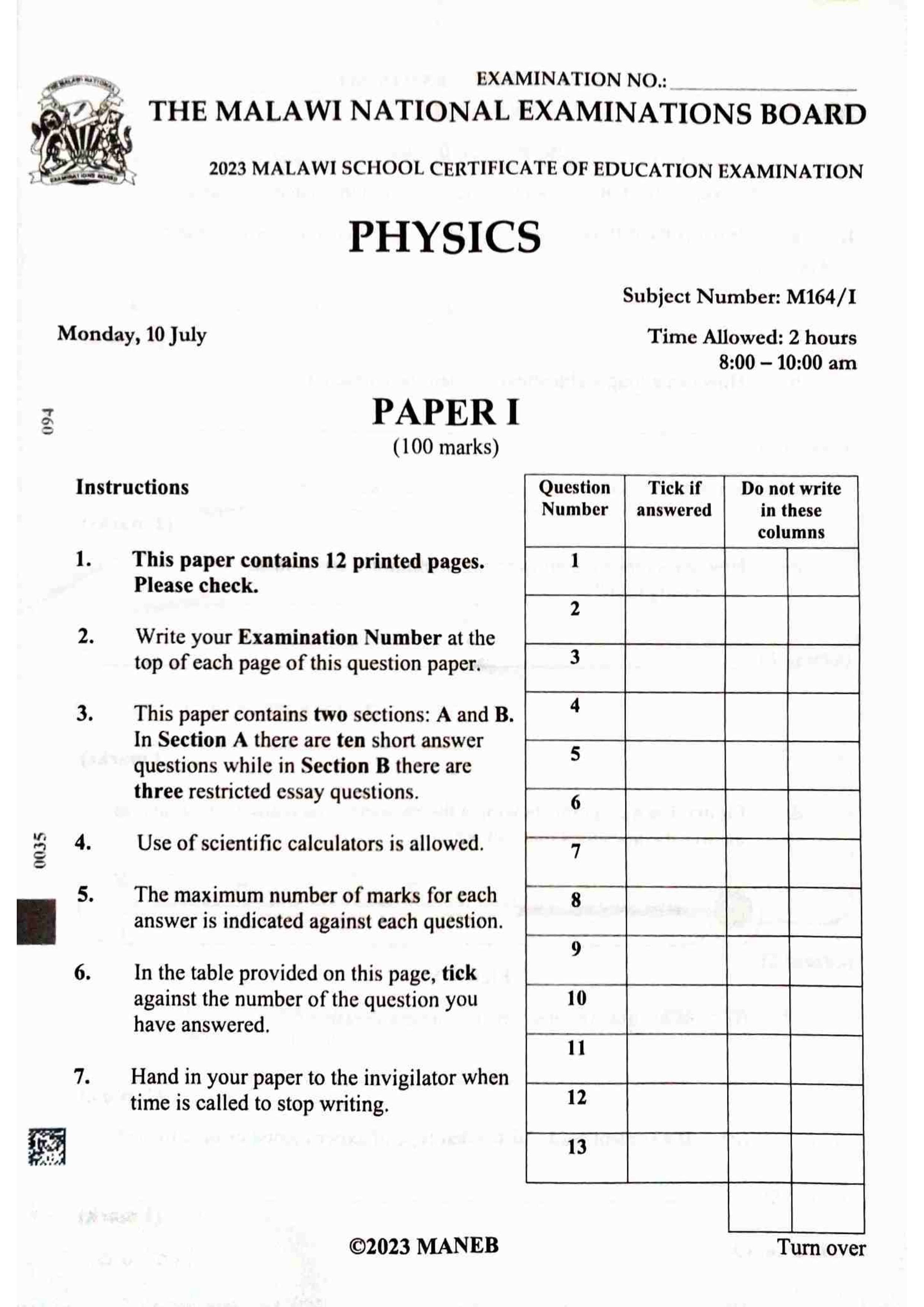 Official examination paper